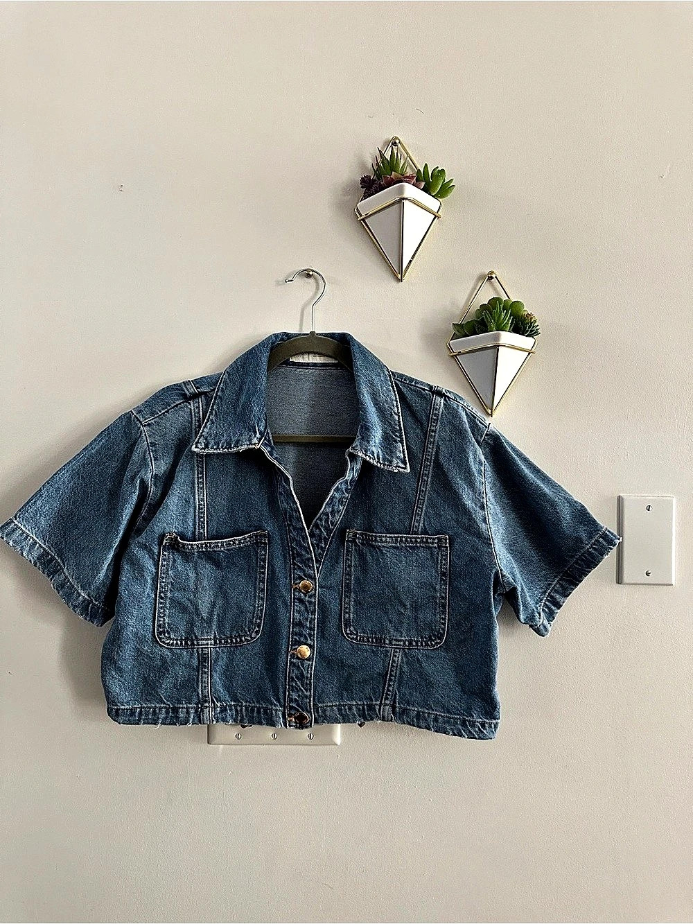 Zara Cropped Short Sleeve Denim Jacket Medium Wash Size L